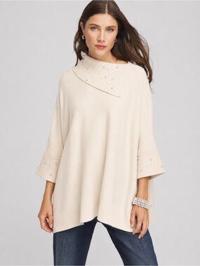 Chico’s NWT Embellished Pearl Rhinestone Poncho Sweater Ivory One Size
